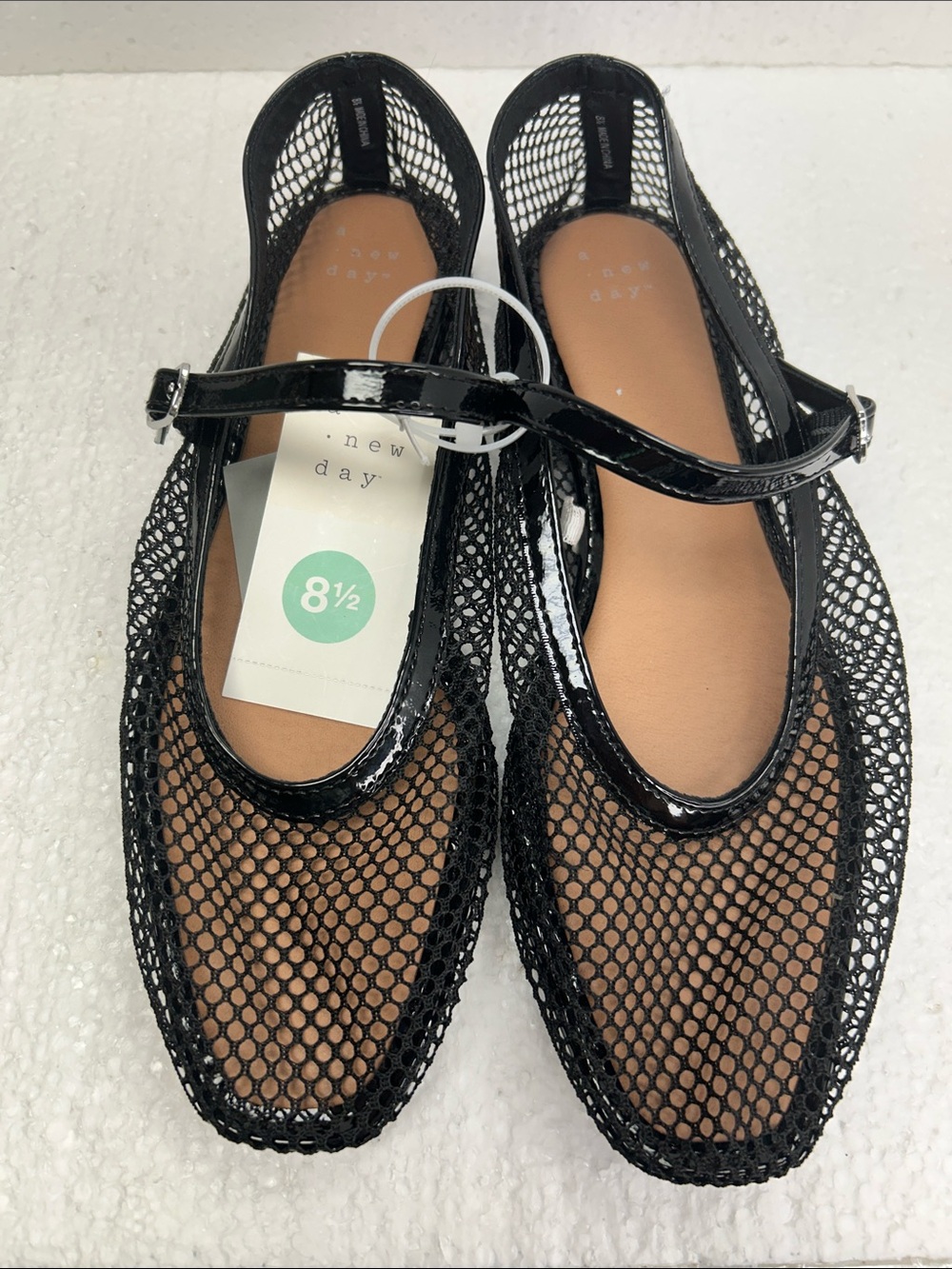 New Day Black Mesh Mary Jane Flats with Patent Strap